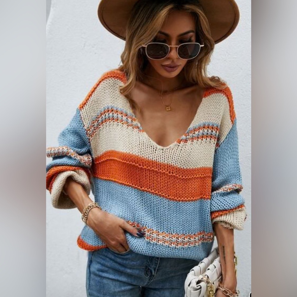 Color block v neck sweater